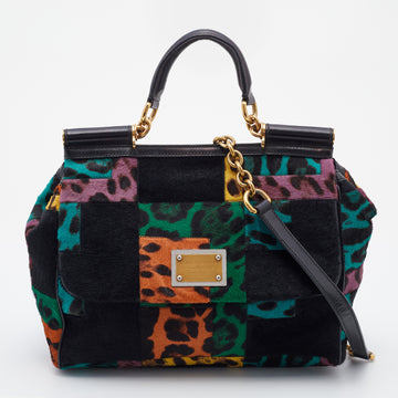 Dolce & Gabbana Multicolor Patchwork Calf Hair and Leather Large Miss Sicily Top Handle Bag