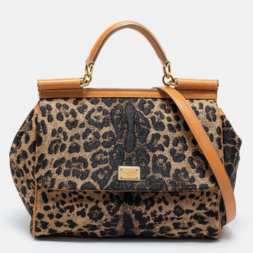 Dolce & Gabbana Black/Brown Leopard Print Fabric and Leather Large Miss Sicily Top Handle Bag