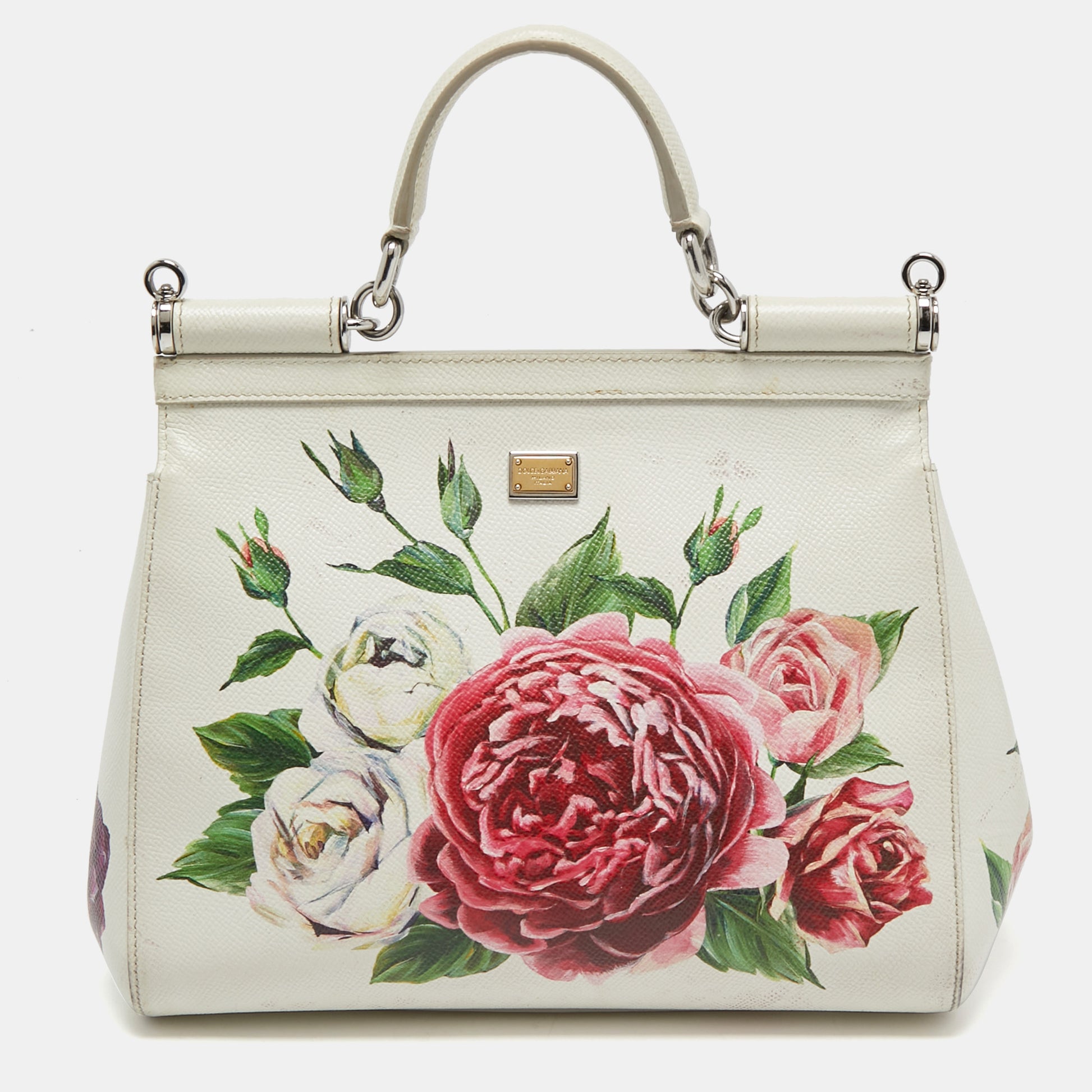 Dolce & Gabbana White Floral Print Leather Medium Miss Sicily Top Hand