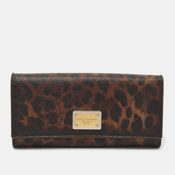 Dolce & Gabbana Dark Brown Leopard Print Coated Canvas Flap Continental Wallet