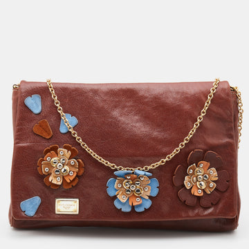 Dolce & Gabbana Brown Leather Studded Flower Flap Shoulder Bag