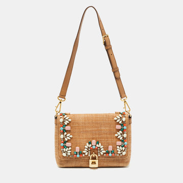 Dolce & Gabbana Brown Raffia and Leather Padlock Crystals Embellished Shoulder Bag