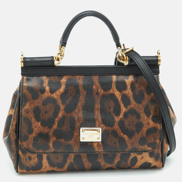 Dolce & Gabbana Brown/Black Leopard Print Coated Canvas and Leather Medium Miss Sicily Top Handle Bag