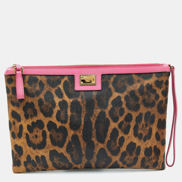 Dolce & Gabbana Brown/Pink Leopard Print Coated Canvas and Leather Wristlet Clutch