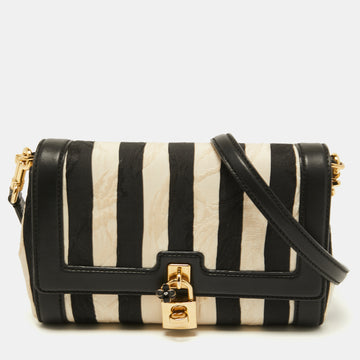 Dolce & Gabbana Black/White Embroidered Stripe Canvas and Leather Padlock Crossbody Bag