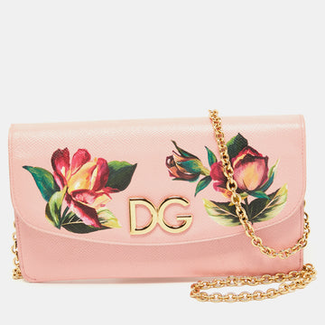 Dolce & Gabbana Pink Floral Print Leather DG Logo Chain Clutch