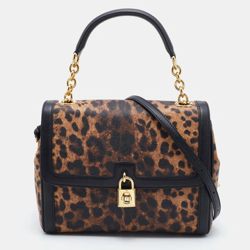 Dolce & Gabbana Black/Brown Leopard Print Coated Canvas and Leather Padlock Top Handle Bag