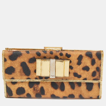 DOLCE & GABBANA Gold/Brown Leopard Print Coated Canvas and Laminated Leather Bow Flap Wallet