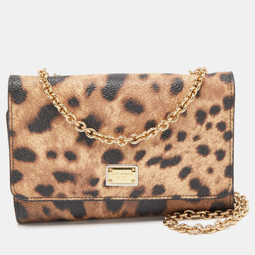 DOLCE & GABBANA Brown Leopard Print Coated Canvas Trifold Wallet On Chain