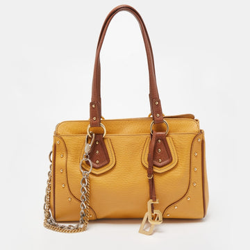 DOLCE & GABBANA Mustard/Brown Leather Charm Studded Satchel