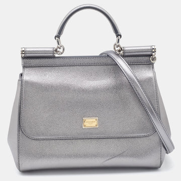 DOLCE & GABBANA Silver Leather Medium Miss Sicily Top Handle Bag