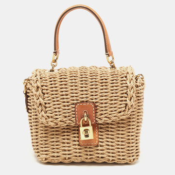 DOLCE & GABBANA Tan/Natural Straw and Leather Miss Dolce Top Handle Bag