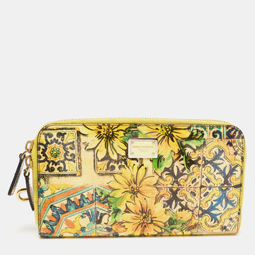 DOLCE & GABBANA Yellow/Multicolor Floral Print Patent Leather Zip Around Pouch