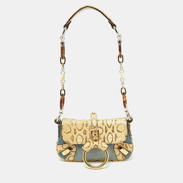 DOLCE & GABBANA Cream/Blue Denim and Watersnake Leather Ring Buckle Flap Baguette Bag