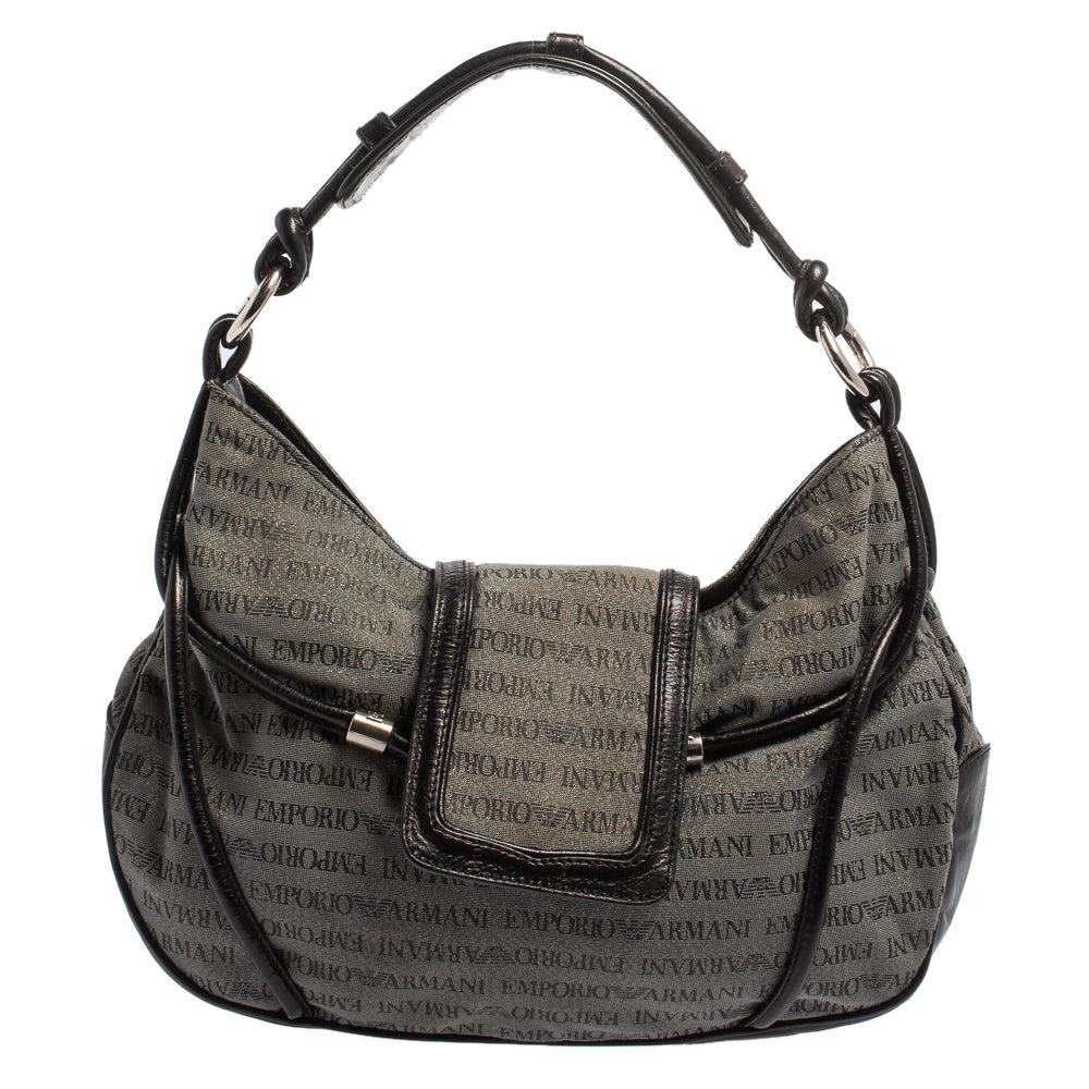 EMPORIO ARMANI Black Grey Monogram Canvas and Leather Hobo