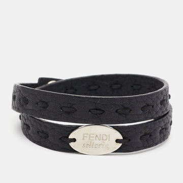 Fendi Selleria Black Leather Silver Tone Double Wrap Bracelet