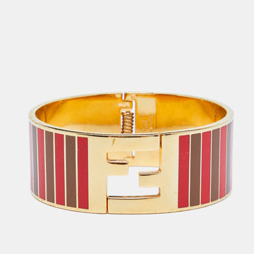 Fendi Fendista Striped Enamel Gold Tone Wide Bracelet S