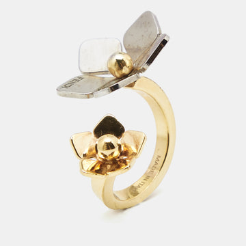 FENDI Flower Motif Two Tone Open Ring Size S