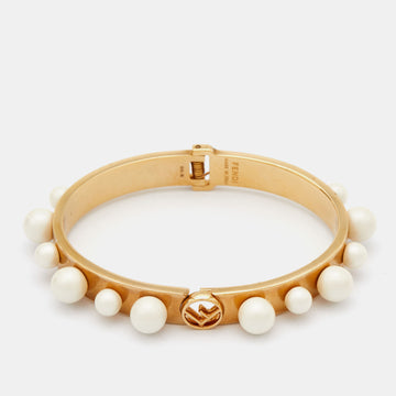 FENDI Gold Tone Pearl Embellished Cuff Bracelet