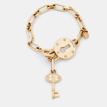 FENDI Gold Tone Chain Link Lock & Key Bracelet