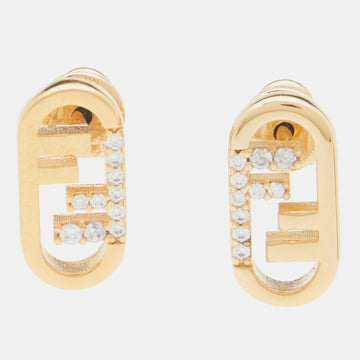 FENDI O'Lock Crystal Gold Tone Stud Earrings