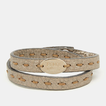 FENDI Selleria Metallic Leather Silver Tone Double Wrap Bracelet