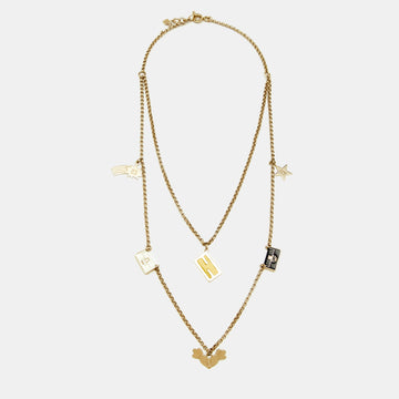 FENDI Gold Tone Multi Charm Layered Necklace