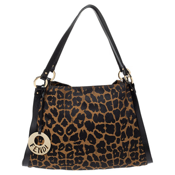 Fendi Black/Brown Leopard Print Canvas and Leather Chef Tote