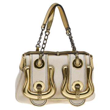 Fendi White/Metallic Gold Canvas And Patent Leather B. Bag Shoulder Bag