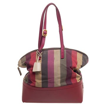 Fendi Red/Multicolor Leather and Fabric Pequin Stripe 2Bag Colorblock Tote