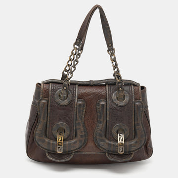 Fendi Brown Leather and Zucca Canvas B Shoulder Bag