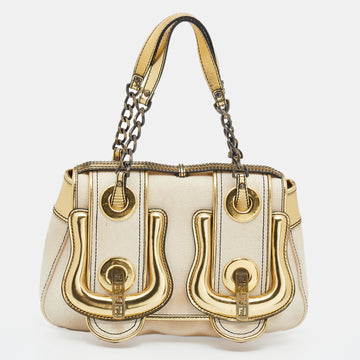 Fendi Beige/Gold Canvas and Patent Leather B Shoulder Bag