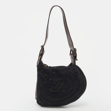 Fendi Black/Brown Canvas and Leather Beaded Oyster Hobo