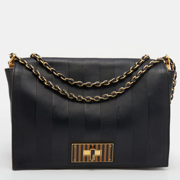 Fendi Black Leather Pequin Large Claudia Flap Chain Shoulder Bag