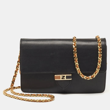 Fendi Black/Tan Leather FF Flap Wallet On Chain