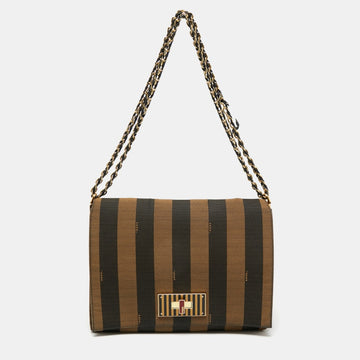 Fendi Tobacco Canvas Large Pequin Stripe Claudia Shoulder Bag