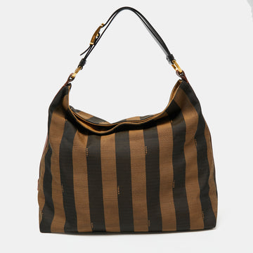 Fendi Tobacco/Black Pequin Striped Canvas And Leather Hobo