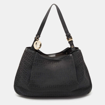 Fendi Black Zucchino Canvas and Leather Charm Shoulder Bag