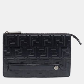 Fendi Black Zucca Embossed Leather Flat Pouch