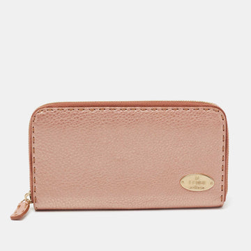 Fendi Metallic Rose Gold Leather Selleria Zip Around Wallet