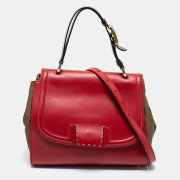 Fendi Red/Brown Leather and Pequin Stripe Canvas Silvana Top Handle Bag