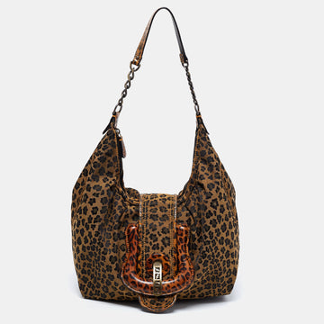 Fendi Brown Leopard Print Canvas B Bag Tote