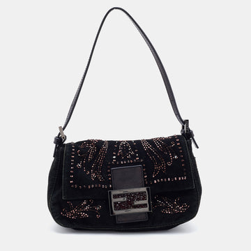 Fendi Black Suede Bead Embellishment Baguette Shoulder Bag