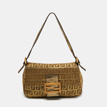 Fendi Metallic Gold Zucca Canvas and Leather Baguette Bag