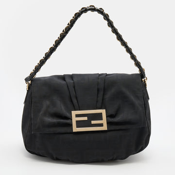 Fendi Black Zucca Fabric and Patent Leather Mia Flap Shoulder Bag