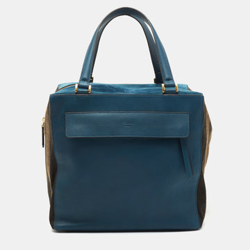 Fendi Blue/Brown Leather and Pequin Stripe Canvas Satchel