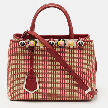 Fendi Red/Beige Raffia and Leather Mini Flowerland Embellished 2Jours Tote