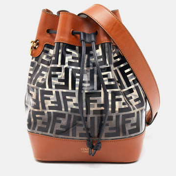 FENDI Brown/Black Leather and PVC FF Logo Print Mon Tresor Bucket Bag