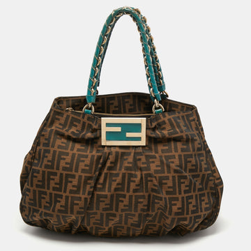 Fendi Tobacco/Teal Zucca Canvas and Patent Leather Large Mia Hobo