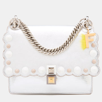 Fendi Metallic Silver Leather Studded Mini Kan I Chain Shoulder Bag